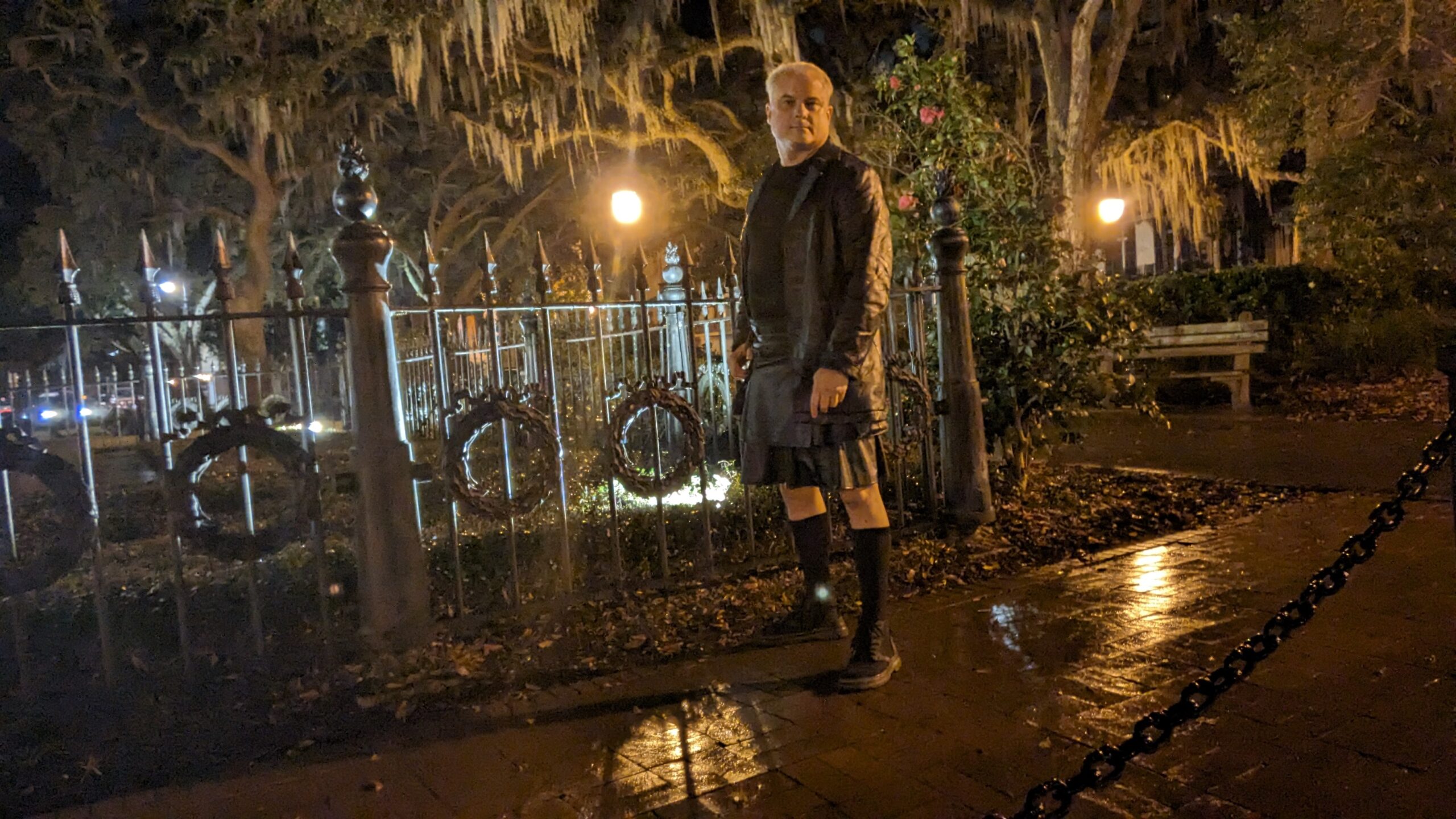 Patrick — The Guy in the Kilt — in Savannah at night